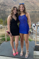 Gorgeous Short Royal Blue Tight Glitter Spaghetti Straps Homecoming Dress